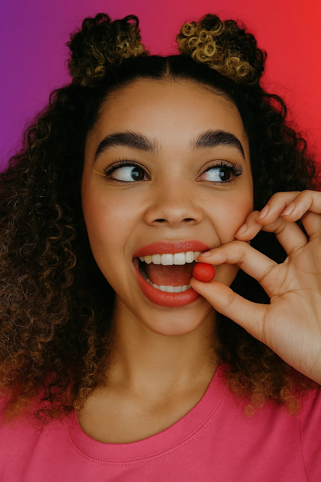 Woman catching almond in mouth